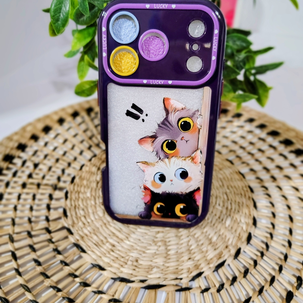 Cute Peeking Kittens iPhone 17 Pro Case - Purple Trim